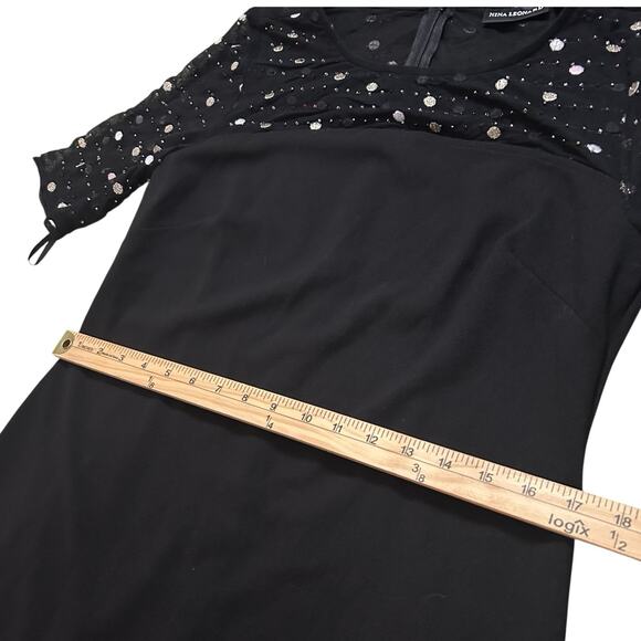 Nina Leonard Sz S Dress Black Crepe Midi Beaded Sheer Short Sleeve Round Neck - Picture 12 of 14